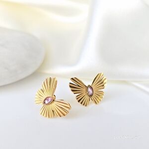 NEW 18K Gold Plated Pink Marquise Diamond Textured Butterfly Stud Earrings